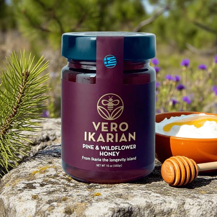 Greek Superherbs - Ikaria Honey, Pine & Wildflower 250g (8.8 oz) - 100% Organic, Raw, Unfiltered Blue Zone Longevity Honey with Earthy Flavor - Antioxidant Rich for Wellness, Energy & Immunity Support