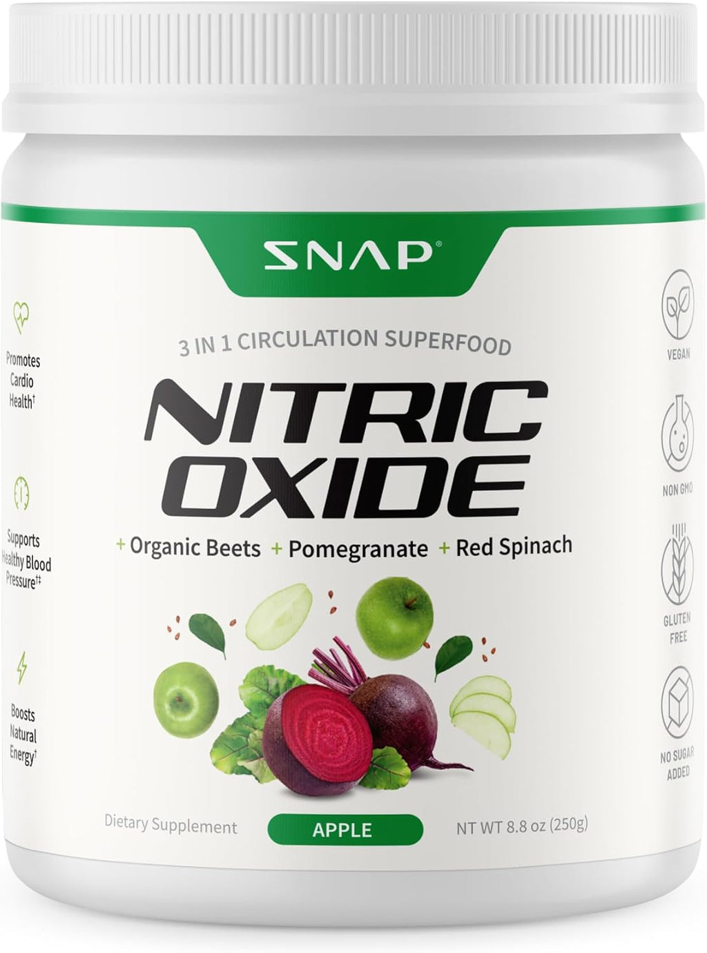 Snap Supplements Organic Beet Root Powder, Nitric Oxide Superfood Supplement with Beets, B Vitamins, Pomegranate & Red Spinach for Energy, Heart Health & Circulation Support, 30 Servings, Apple