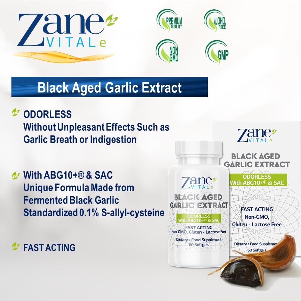 Zane - Aged Black Garlic Capsules - Immune System, Blood Pressure and Cholesterol Health Support - Less Odor - More Effective Than Allicin - 60 Capsules Non-GMO, Gluten - Lactose – Paraben Free.