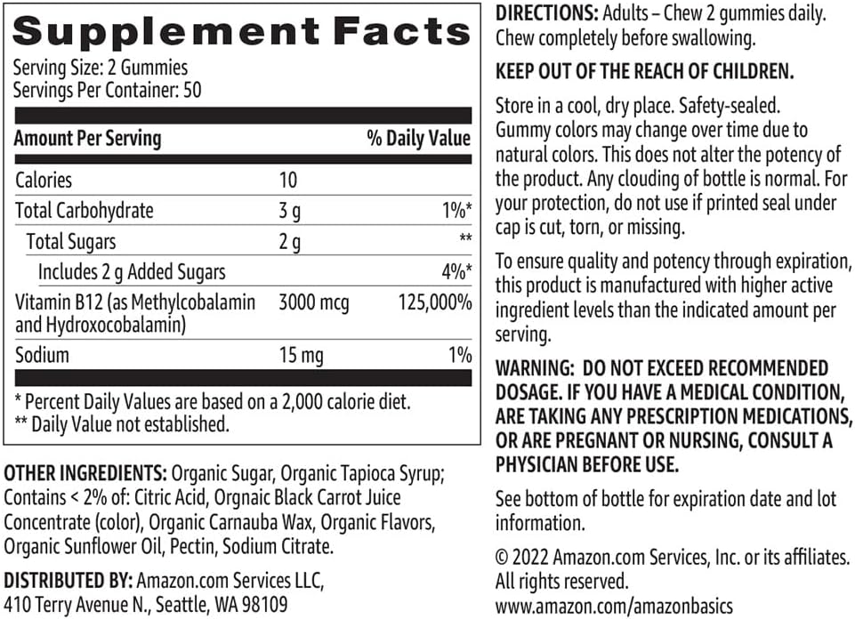 Amazon Basics Vitamin B12 3000 mcg Gummies, Normal Energy Production and Metabolism, Immune System Support, Raspberry, 100 Count (2 per serving) (Previously Solimo)