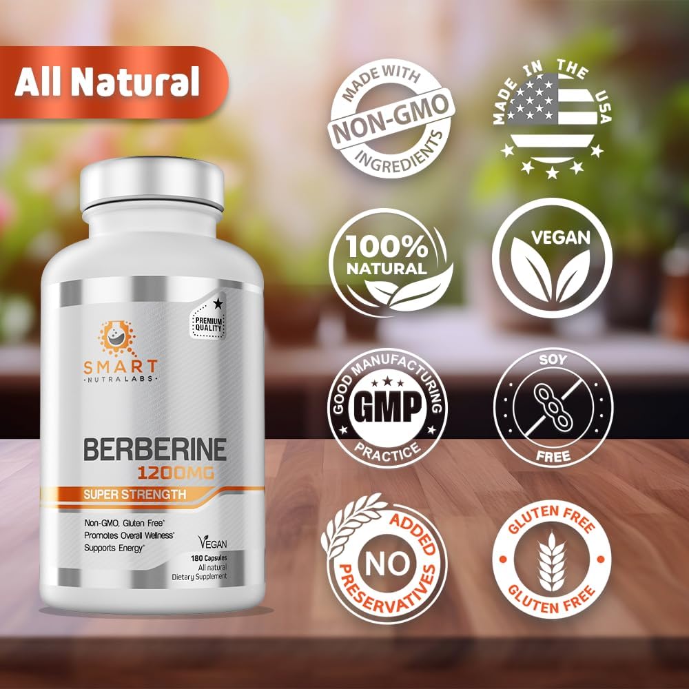 Smart Nutra Labs Premium Berberine HCL 1200mg- 180 Vegan Capsules, 100% Pure Berberine Supplement- Non-GMO, Gluten Free