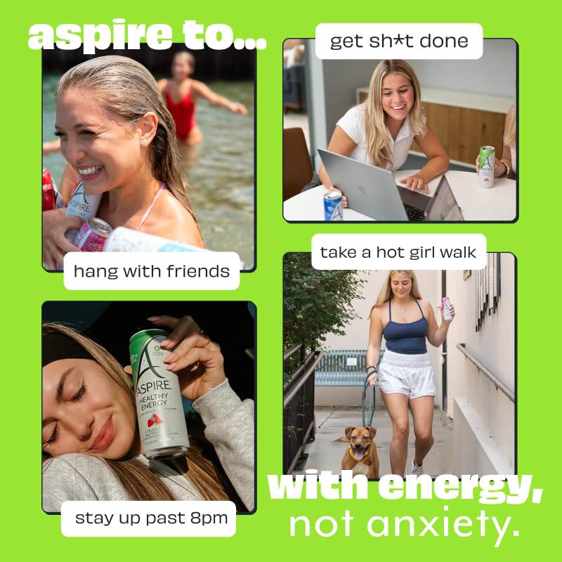 ASPIRE® Strawberry Watermelon, Healthy Energy Drink 80mg Natural Caffeine, Zero Sugar No Carbs Keto Friendly, 24 Pack Green Tea Sugar Free Drink Low Caffeine Zero Calorie