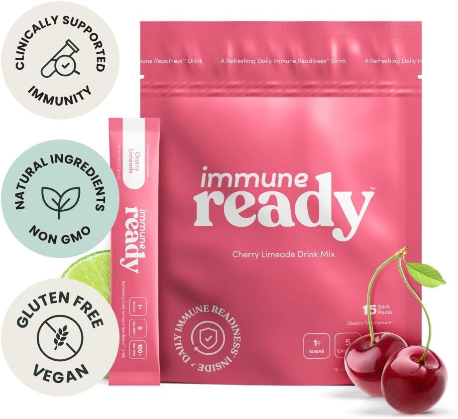 Immune Ready™ Immune Boost Drink Mix - Combo Immune Support, Gut Health, & Electrolyte Powder Packets with Vitamin C, Beta Glucan, Zinc, D3, Pre & Probiotics - Cherry Limeade - 15 Pack