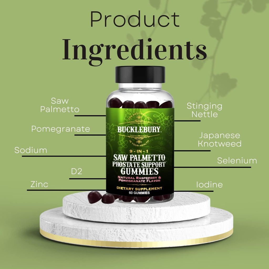 9-in-1 Saw Palmetto Gummies for Prostate and Urinary Support - Natural Raspberry and Pomegranate Flavour Plant-Based Dietary Supplement for Bladder Emptying and Hair Loss - 60 Gummies