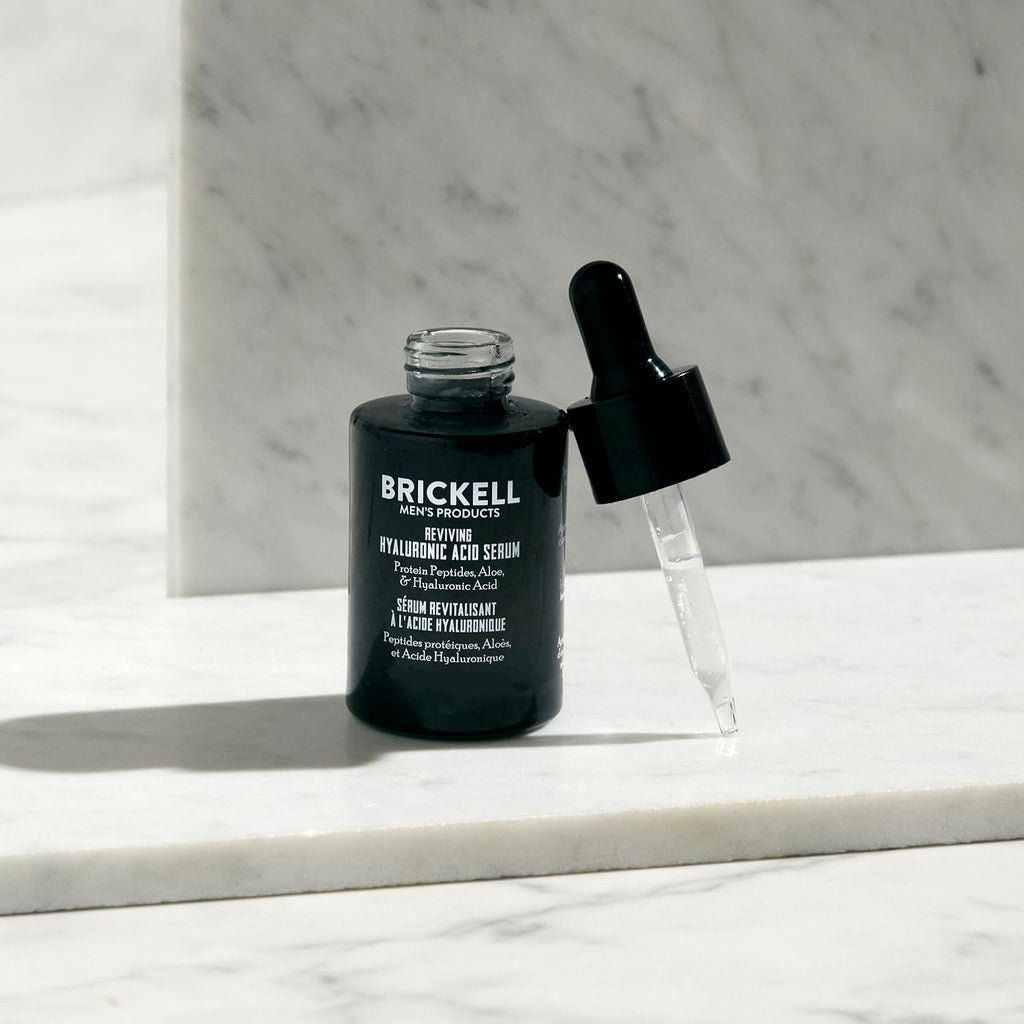 Brickell Men's Anti Aging Hyaluronic Acid Serum for Face, Day Face Serum for Men, Natural & Organic Facial Serum With Protein Peptides to Restore Collagen and Firmness, 1 Ounce, Unscented