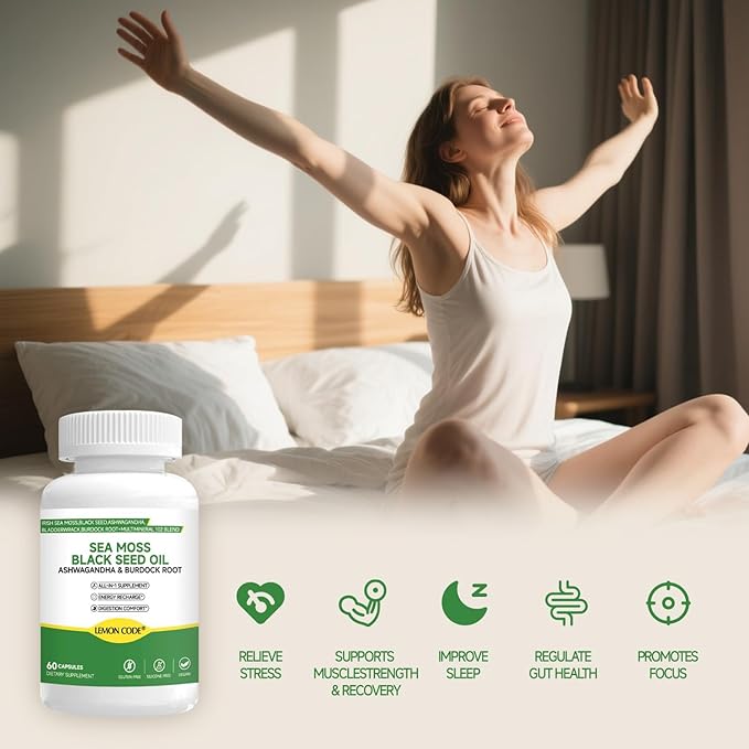 Sea Moss & Black Seed Oil Capsules with Burdock & Bladderwrack & Ashwagandha, Vitamin C&D,Natural Herbal Complex for Daily Balance, Energy & Digestive Support, Vegan, Non-GMO, 60 Capsules