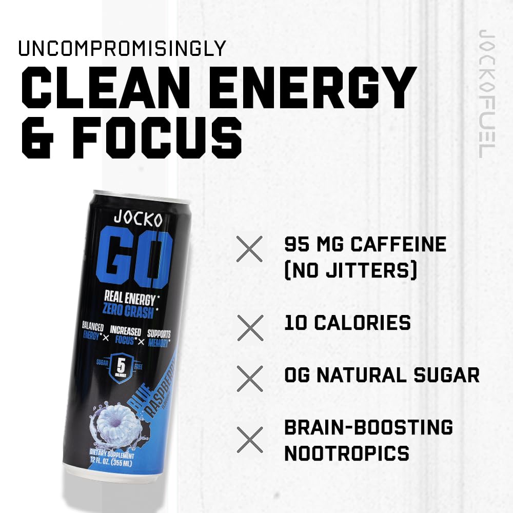 Jocko GO Energy Drink - Keto, Vitamin B12, Vitamin B6, Electrolytes, L Theanine, Magnesium- Energy Boost, Sugar Free Nootropic Monk Fruit Blend - 12 Pack (Mango Passionfruit)