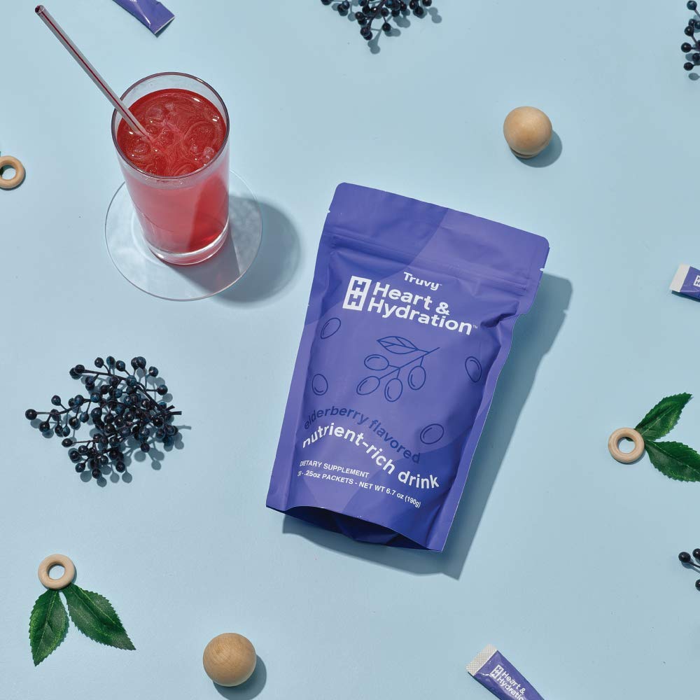 Truvy Heart & Hydration - Elderberry | 30 Stick Packs | Sugar-Free Super Drink Mix | Supports Hydration, Energy, and Heart Health | Infused with Electrolytes, CoQ10, Ginseng