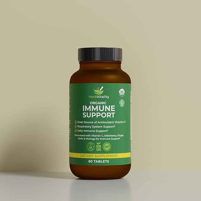Organic Immune Support Supplement – Elderberry, Vitamin C, Astragalus, Ginger & Moringa – Daily Herbal Complex for Immune Health, Respiratory Defense & Antioxidant Protection - 60 Tablets
