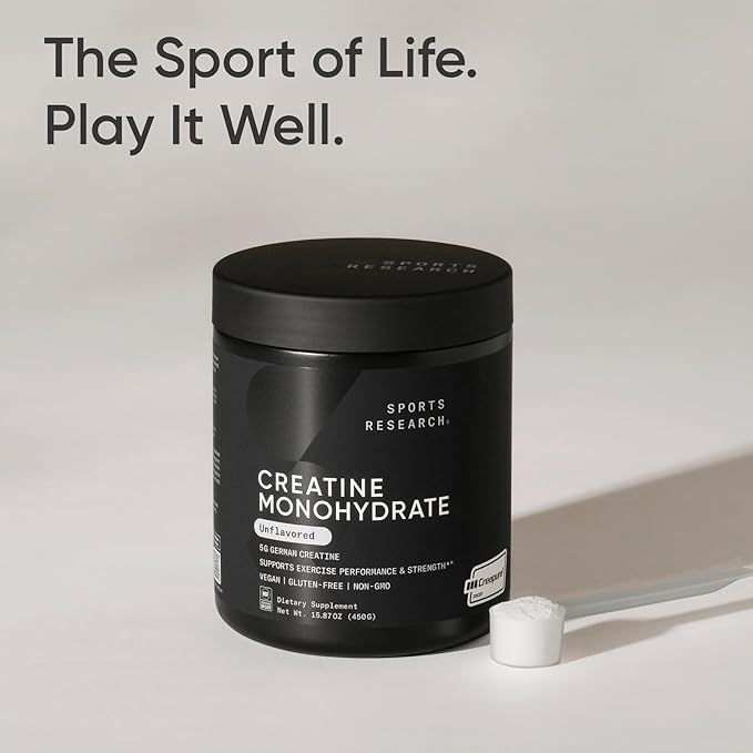 Sports Research® Creatine Monohydrate Powder w/Creapure® - Gain Lean Muscle, Improve Performance, & Support Workout Recovery* - 5g German Creatine · NSF Sport · Easy Mixing - 90 Servings (Unflavored)