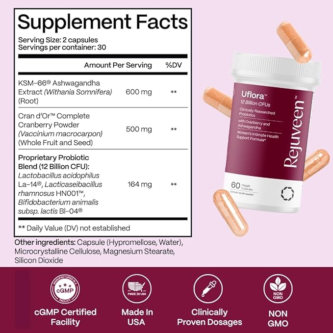 Uflora Vaginal Probiotics | Supports Vaginal Health, Moisture & Yeast | Enhances Intimate Wellness | Clinically Proven Dosages | Probiotics, Cranberry, Ashwagandha | 60 Ct