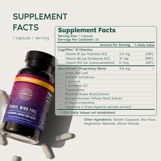 Primal Harvest Brain Supplement, Primal Mind Fuel Brain Booster for Focus, Energy, Clarity, Memory Brain Health 30 Capsules Nootropics Brain Support Supplement for Men and Women (2 Pack (30 Count))