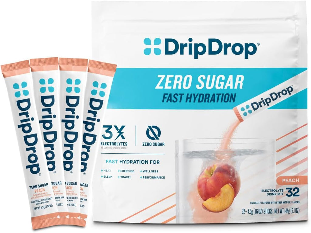 DripDrop Sugar Free Hydration Packets - Zero Peach - Single Serve Electrolytes Powder Drink Mix - Non-GMO, Gluten Free, Vegan - 32 Sticks