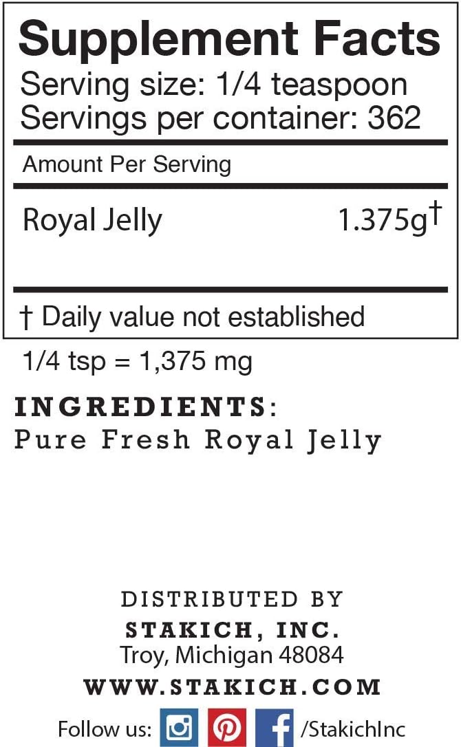 Stakich Fresh Royal Jelly - Pure, All Natural - No Additives or Preservatives Added - 16 Ounce (1 Pound)