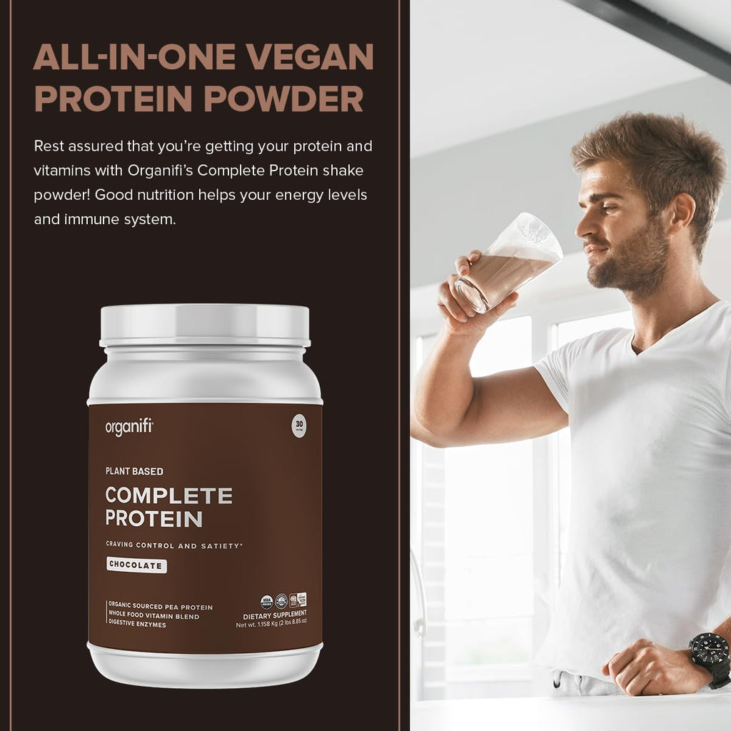 Organifi Complete Protein Chocolate Flavor - Organic Vegan Plant Based Protein Powder with Digestive Enzymes - 30 Day Supply - No Soy, Dairy, or Gluten