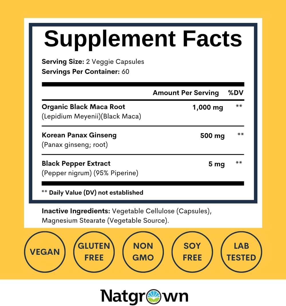 Natgrown Black Maca Root + Panax Ginseng Powder Capsules 1500 mg with Black Peruvian Maca Root & Korean Panax Ginseng Supplement for Men and Women - Vegan Pills (120 Count)