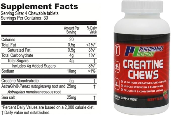 PERFORMANCE INSPIRED Nutrition Creatine Chew – 5g Creatine Monohydrate – Supports Muscle Growth & Recovery – Berry Blast Flavor – 120 Count