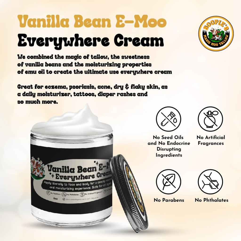 Magic Moo Tallow Vanilla Bean E-Moo Moisturizing Everywhere Cream with Organic Emu Oil. For acne, stretch marks, eczema, hyrdation, dry skin & more.