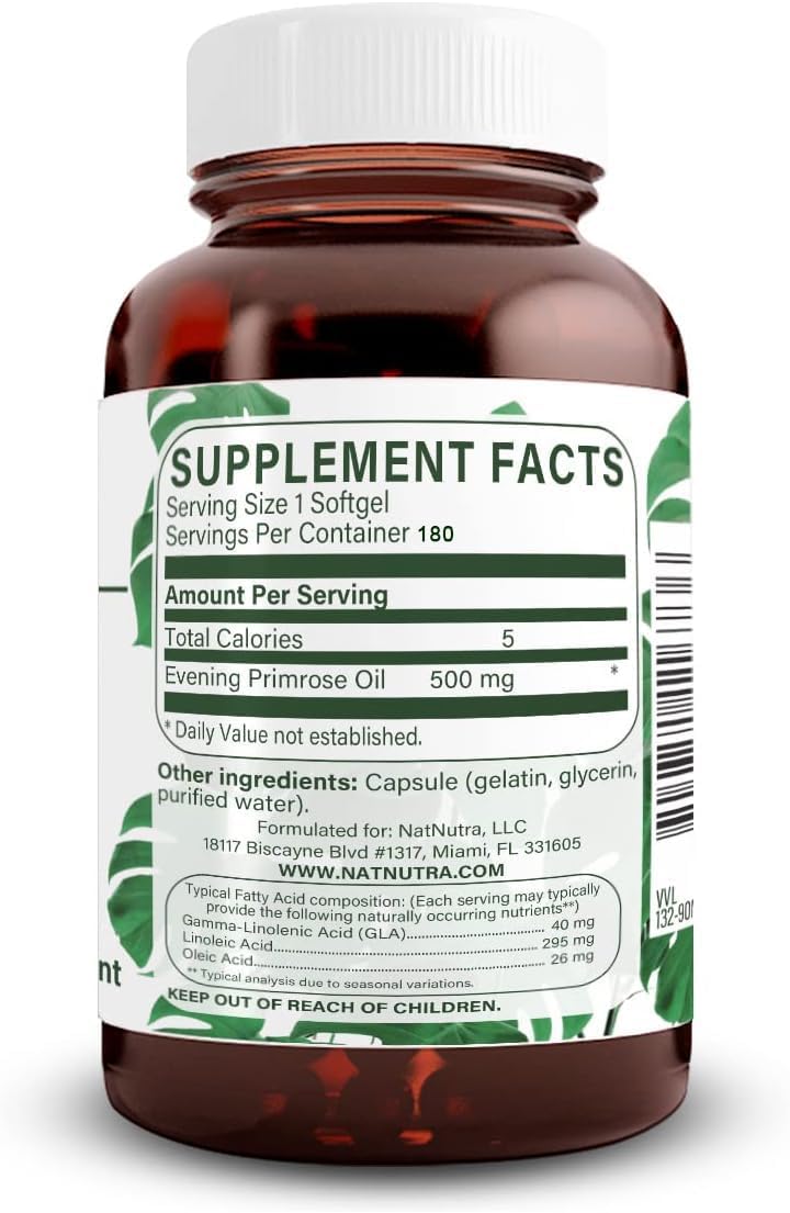 Natural Nutra Evening Primrose Oil Supplement from Fatty Acid, Helps Overcome Body Pain, Nerve Health, Promote Hearth Health & Skin Clarity, Helps Reduce Digestive Discomfort, 500 mg, 180 Softgel