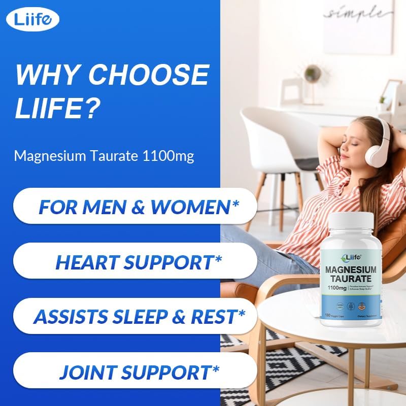 LIIFE Magnesium Taurate 1100mg -180 Vegetarian Capsules-200MG Elemental Magnesium Per Serving - Heart Health and Relaxation Support
