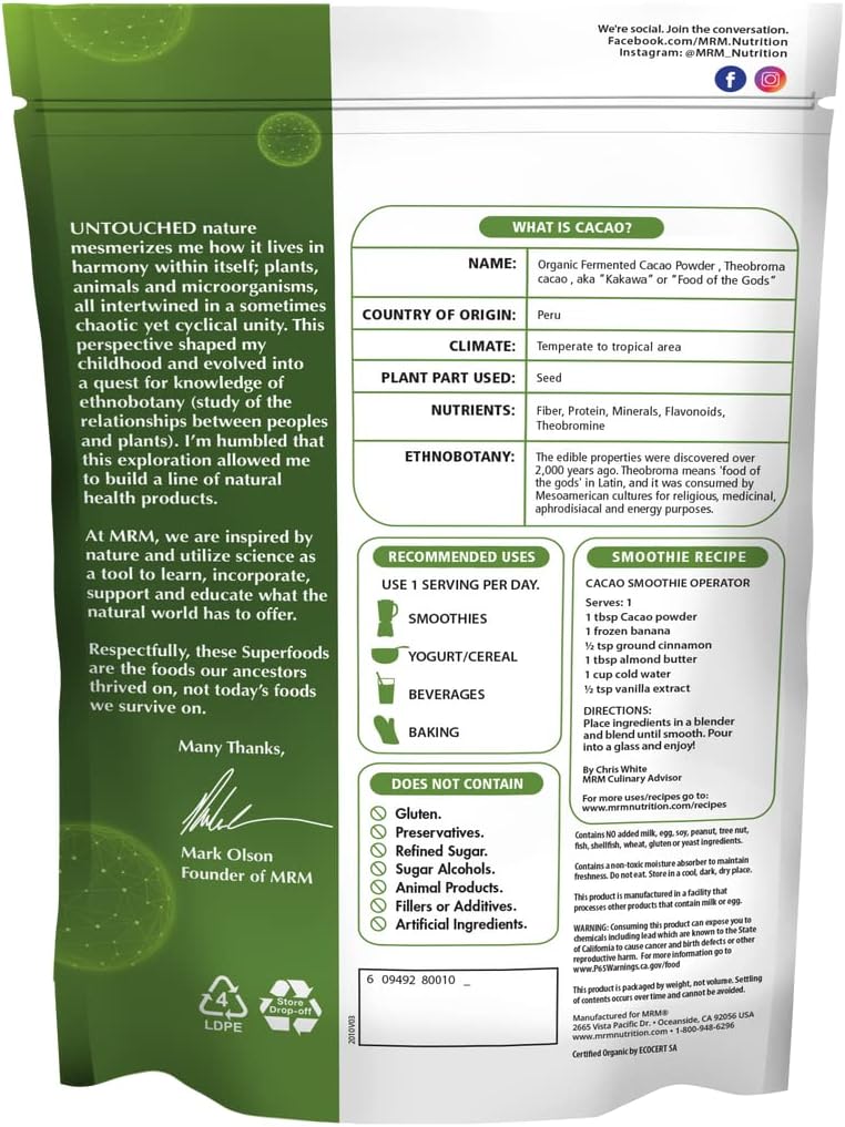 MRM Nutrition Organic Fermented Cacao Powder | Superfood | Antioxidant-rich | Gluten free + vegan | 43 servings