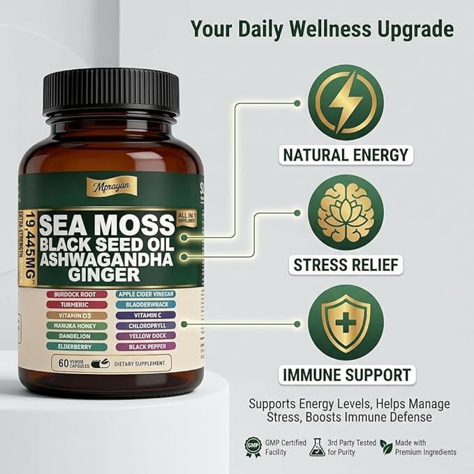Sea Moss Capsules with Black Seed Oil, Ashwagandha & Ginger – Extra Strength 10:1 Herbal Blend with Turmeric, Burdock Root, Bladderwrack + Vitamin C & D3 – 60 Capsules (30 Servings)