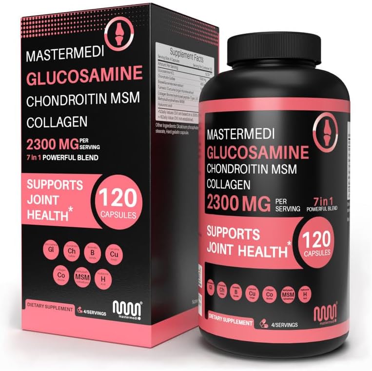 mastermedi Glucosamine Chondroitin MSM Collagen Capsules – 2300mg Joint Support Formula – with Turmeric, Boswellia, Hyaluronic Acid – Mobility & Flexibility Support – 120 Capsules, 30-Day Supply