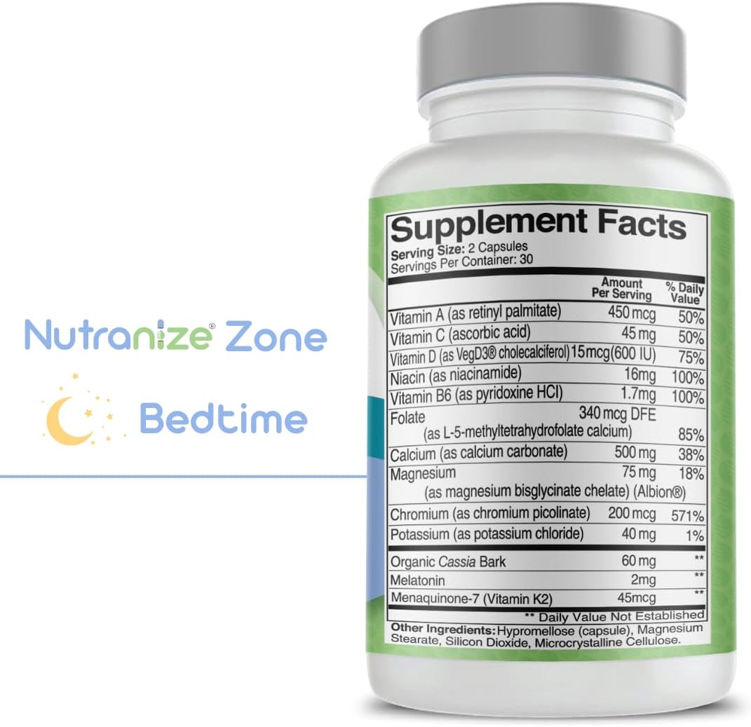 Zone Calcium Supplement, Magnesium Glycinate, Vitamin D3, K2 MK7, Methylfolate, Berberine, Chromium Picolinate, Cinnamon, Melatonin (60 Count of Both Bottles)