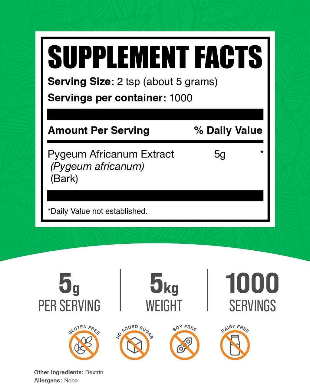 BulkSupplements.com Pygeum Africanum Extract Powder - from Pygeum Bark - Gluten Free, 5000mg per Serving, 5kg (11 lbs) (Pack of 5)