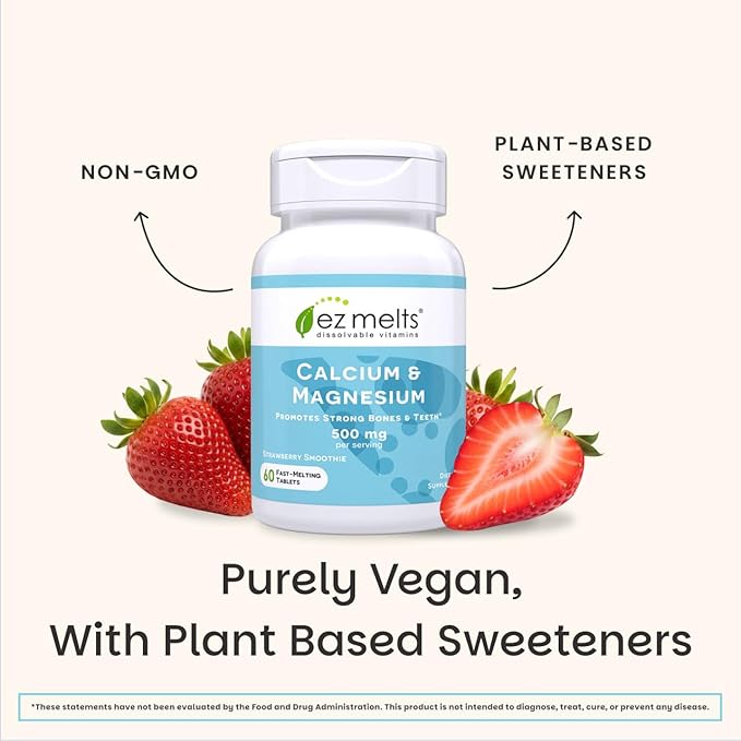 EZ Melts Calcium & Magnesium - Daily Supplement for Heart, Bone, Immune & Brain Health - with Vitamin D3 - Non-GMO & Vegan - Strawberry Smoothie - 120 Dissolvable Tablets (60 Servings)