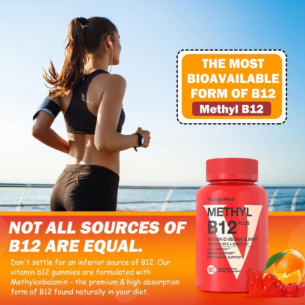 Vegan Vitamin D3 & B12 Gummies, Methyl B12 Supplement for Adults & Kids, Enhanced with Vitamin D 3 for Natural Energy, Immune, Metabolism & Focus, Orange, 90 Gummies