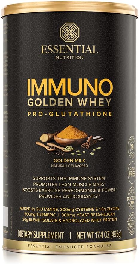 Essential Nutrition Immuno Whey - Hydrolyzed Whey Protein Powder, Whey Protein Isolate, 18g Protein Per Serving, Amino Acids, Glutathione Production - Turmeric Extract - Golden Milk - 17.4oz