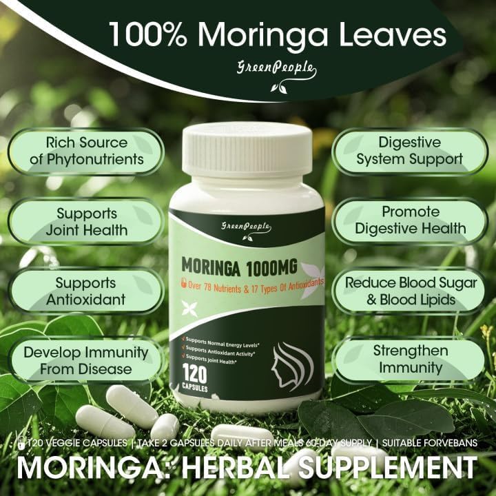 Moringa Capsules,Rich Moringa Powder with Turmeric & Ginger,Natural Green Antioxidant Superfood - Supports Energy,Skin Health,Gut Health,with Essential Vitamins & Amino Acids,120pcs-2 pack