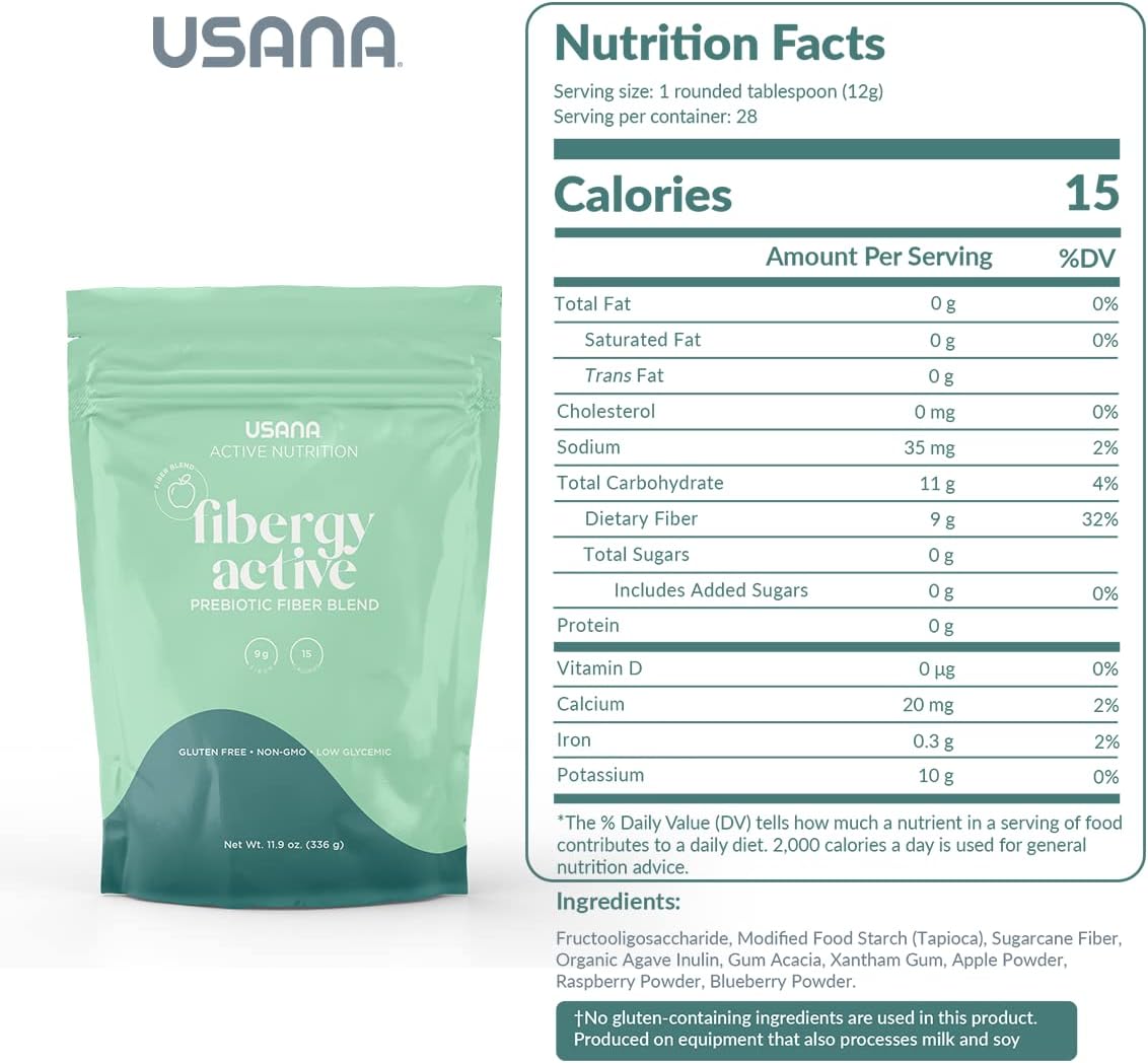 USANA Fibergy Active with Prebiotic Fiber for Gut Health – Non-GMO – Gluten Free – Low Glycemic – 336 Grams - 28 Servings