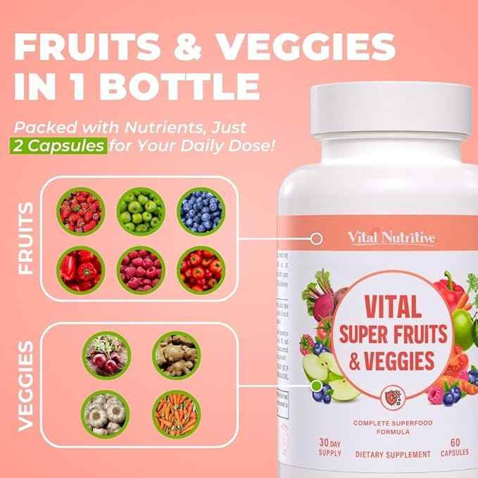 Vital Super Fruits & Veggies - Daily Superfood Capsules for Adults - Fruit & Vegetable Supplements to Boost Immunity & Energy - 2-in-1 Formula for Overall Wellness