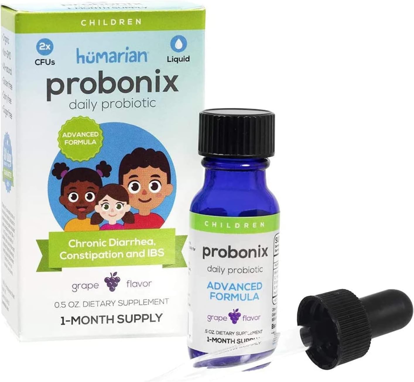 Humarian Probonix Advanced Liquid Probiotics for Kids 30 lbs and Up - 8-Strain Kids Probiotic Drops to Fortify Gut Health, Immunity and More - 30-Day Supply - Tasty Grape Flavor