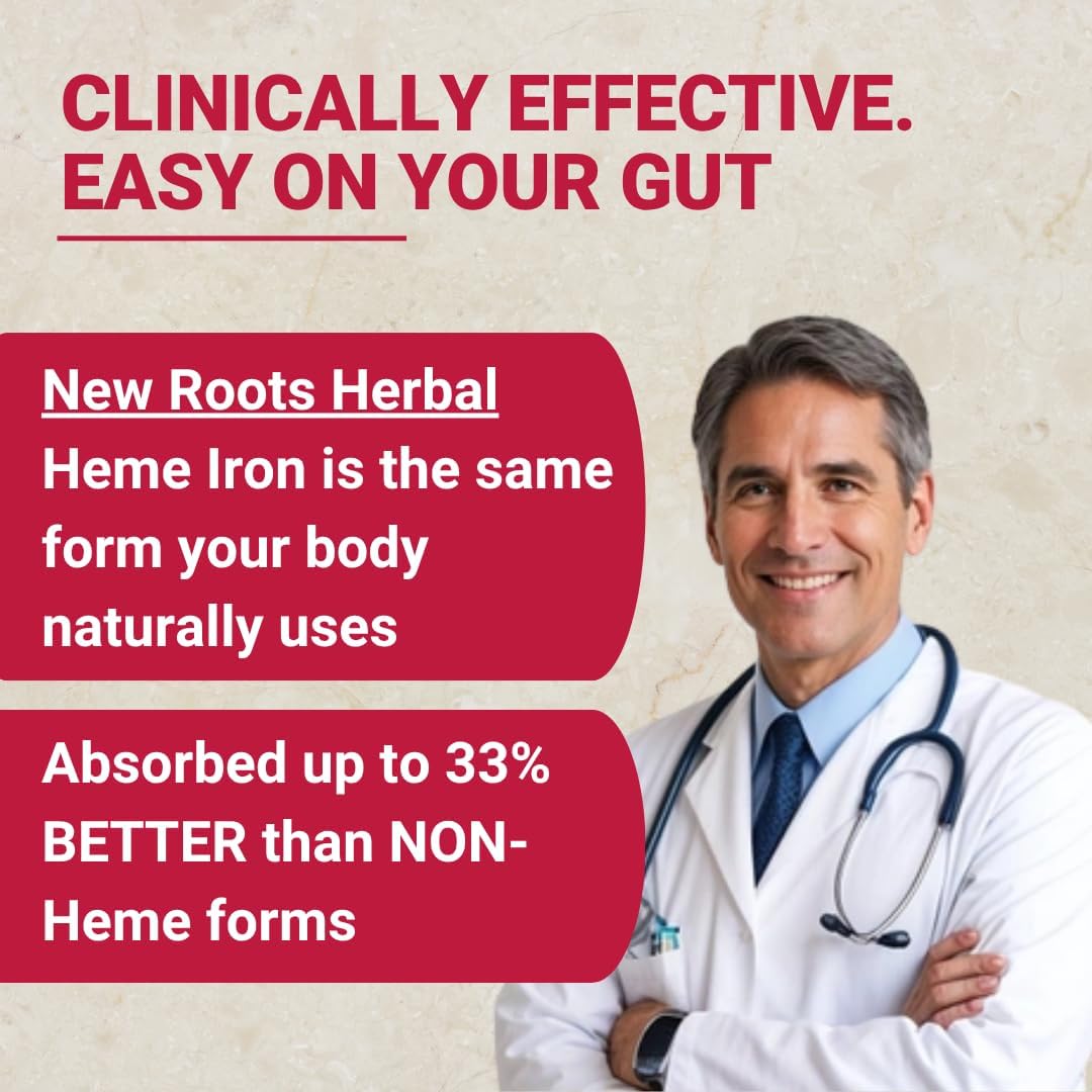 NEW ROOTS HERBAL Heme Iron Supplement with Vitamin C & B12 for Best Absorption | Iron Deficiency Support | Hemoglobin Supplements Designed by Naturopathic Doctors | Low-FODMAP (30 Capsules)