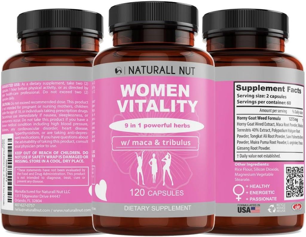 Women Vitality 120 Caps - Female Libido Booster, Increased Energy, Reduce Dryness, Balance Complex and Mood Stabilizer for Women, Heighten Sensitivity, Made in the USA Hornygoatweed with Maca Root