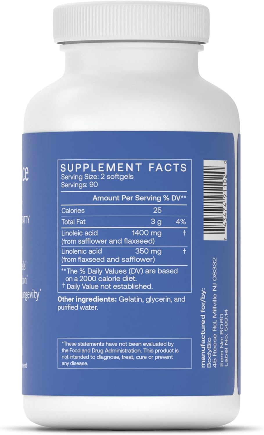 BodyBio Balance Oil - Vegan Omega 3 6 Supplement – Cold-Pressed Safflower & Flaxseed Oil – Supports Brain Function, Healthy Skin, and Mood