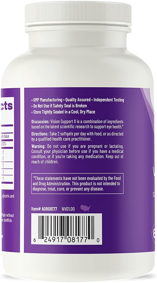 AOR, Vision Support II, Natural Supplement to Support Eye Health, with Lutein and Zeaxanthin, Gluten Free, 60 Softgels (30 Servings)