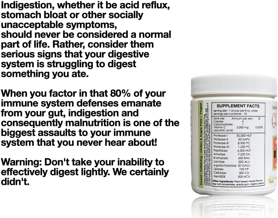 Sufficient C - Glutenizer Force Plus Kiwi-Strawberry Digestive-Ade Drink Mix - Naturally Effective, Premium, Full Spectrum Enzyme Blend with 2,000 mg. Vitamin C - Acid Reflux, Indigestion Solution