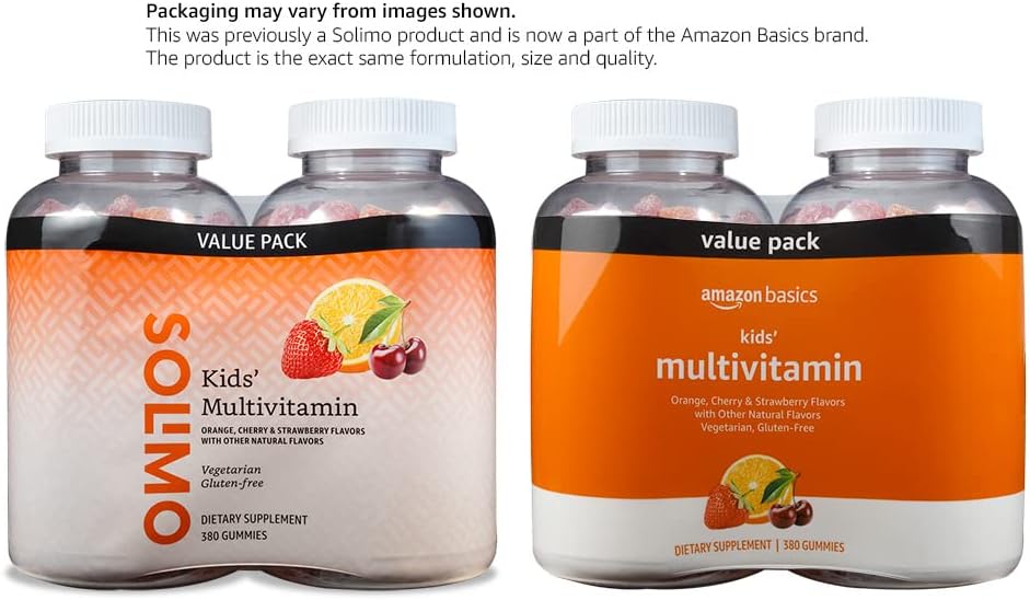 Amazon Basics Kids' Multivitamin Gummies, Cherry, Strawberry & Orange, 380 Count (2 Packs of 190) (2 per Serving) (Previously Solimo)