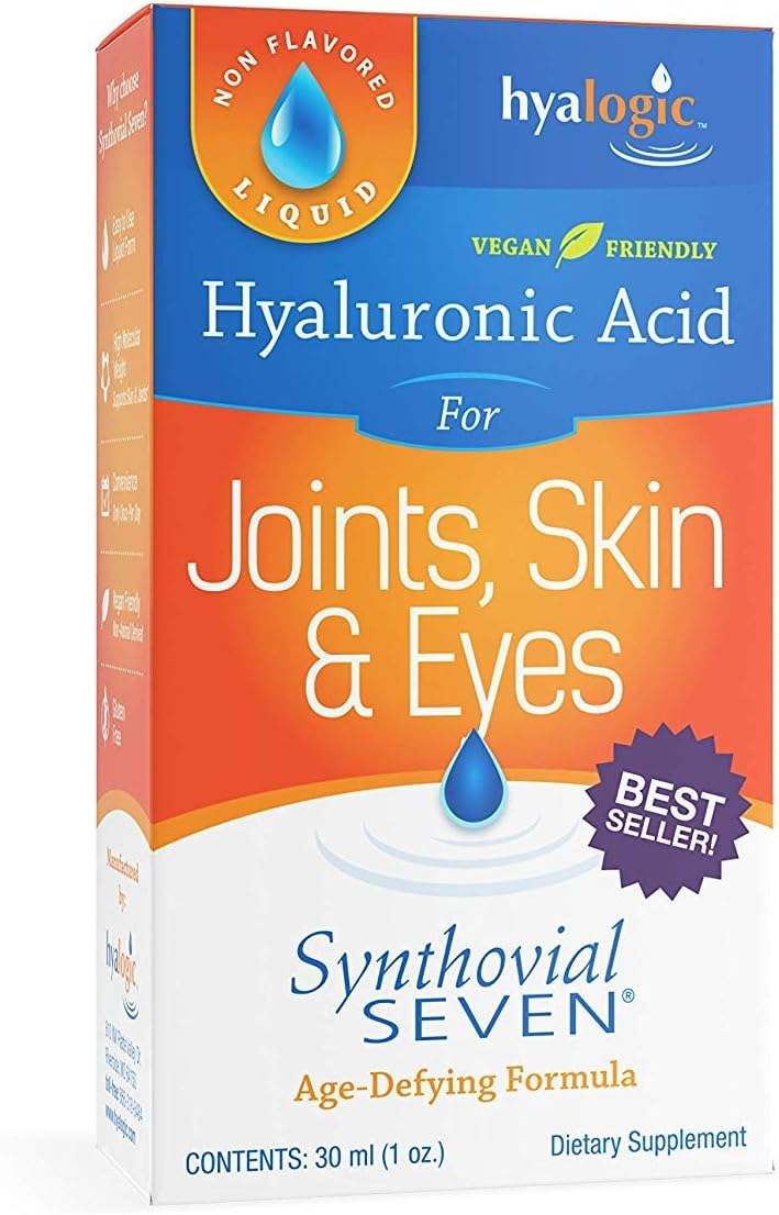 Hyalogic Synthovial Seven Liquid Hyaluronic Acid – Vegan Oral Joint & Skin Supplement, High Molecular Weight, Pure Hydration Support Supplements, 1 oz (2 Pack)