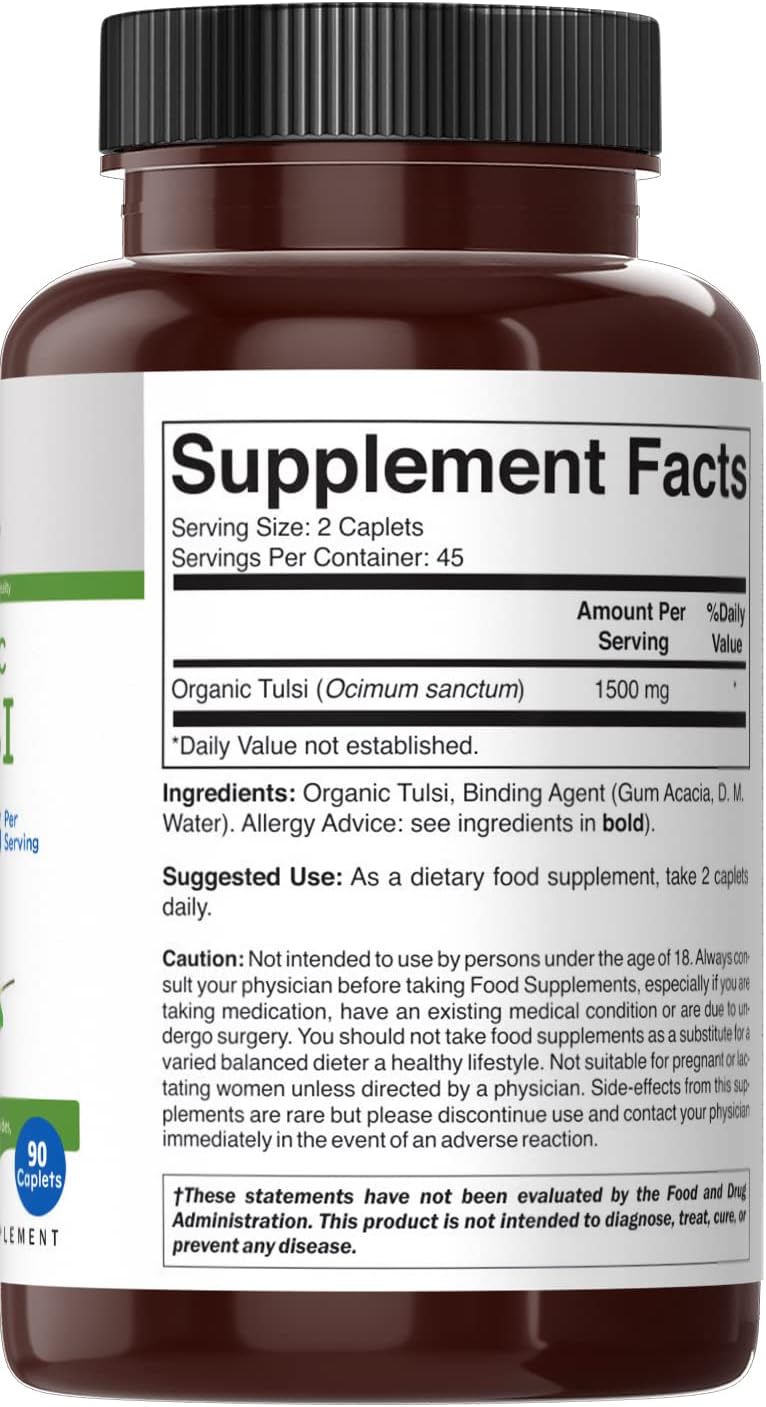 Brieofood Organic Tulsi (Holy Basil) 1500mg, 45 Servings, Vegetarian, Gluten Free, 90 Vegetarian Tablets