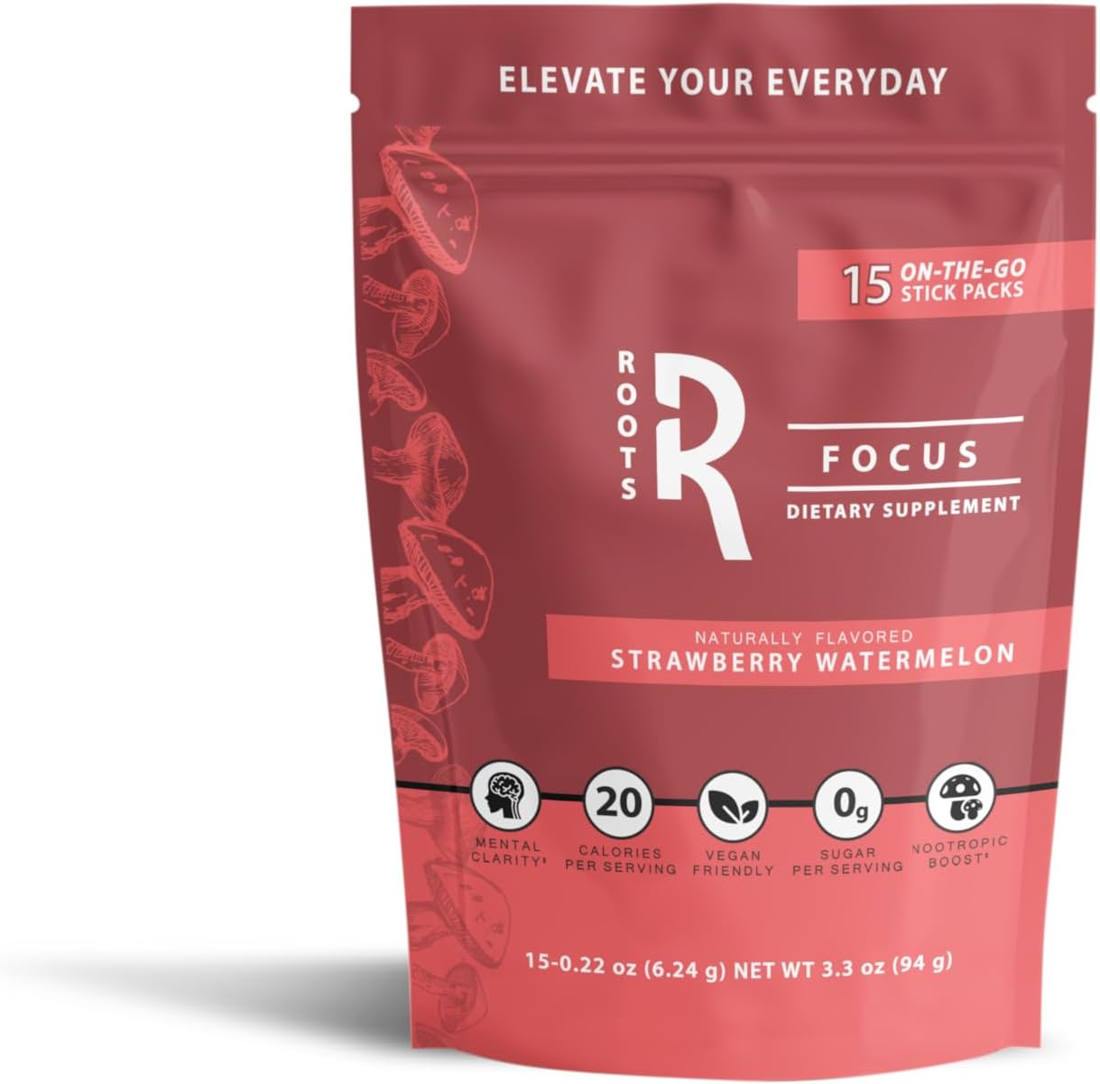 Roots Focus Nootropic Brain Supplement, Strawberry Watermelon, Blend of Lion's Mane, Cordyceps, and Reishi Functional Mushrooms with Extended-Release Caffeine, 15 Servings