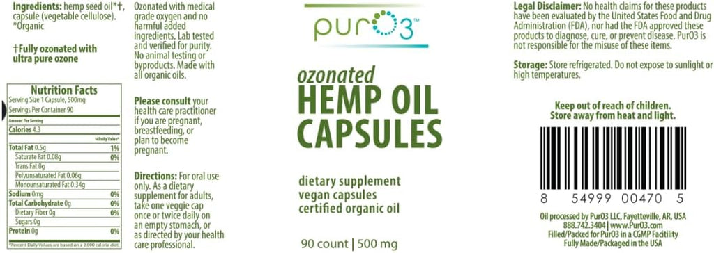 PurO3 Hemp Seed Oil Capsules - High Potency Pure Ozonated Oils for Immune Support & Wellness Benefits - Organic Oxygen Infused Supplement - 90 Veggie Softgels