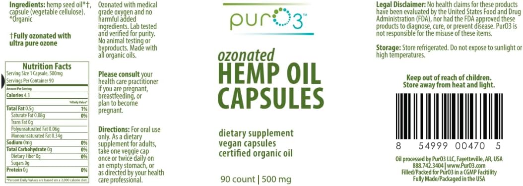 PurO3 Hemp Seed Oil Capsules - High Potency Pure Ozonated Oils for Immune Support & Wellness Benefits - Organic Oxygen Infused Supplement - 90 Veggie Softgels