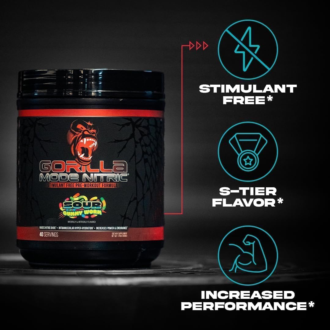 Gorilla Mode Nitric Upgraded Stimulant Free Pre-Workout – Best Tasting & Most Effective Stimulant Free Pre-Workout/Massive Pump · Vasodilation · Power / 780 Grams (BlackBerry Lemonade)