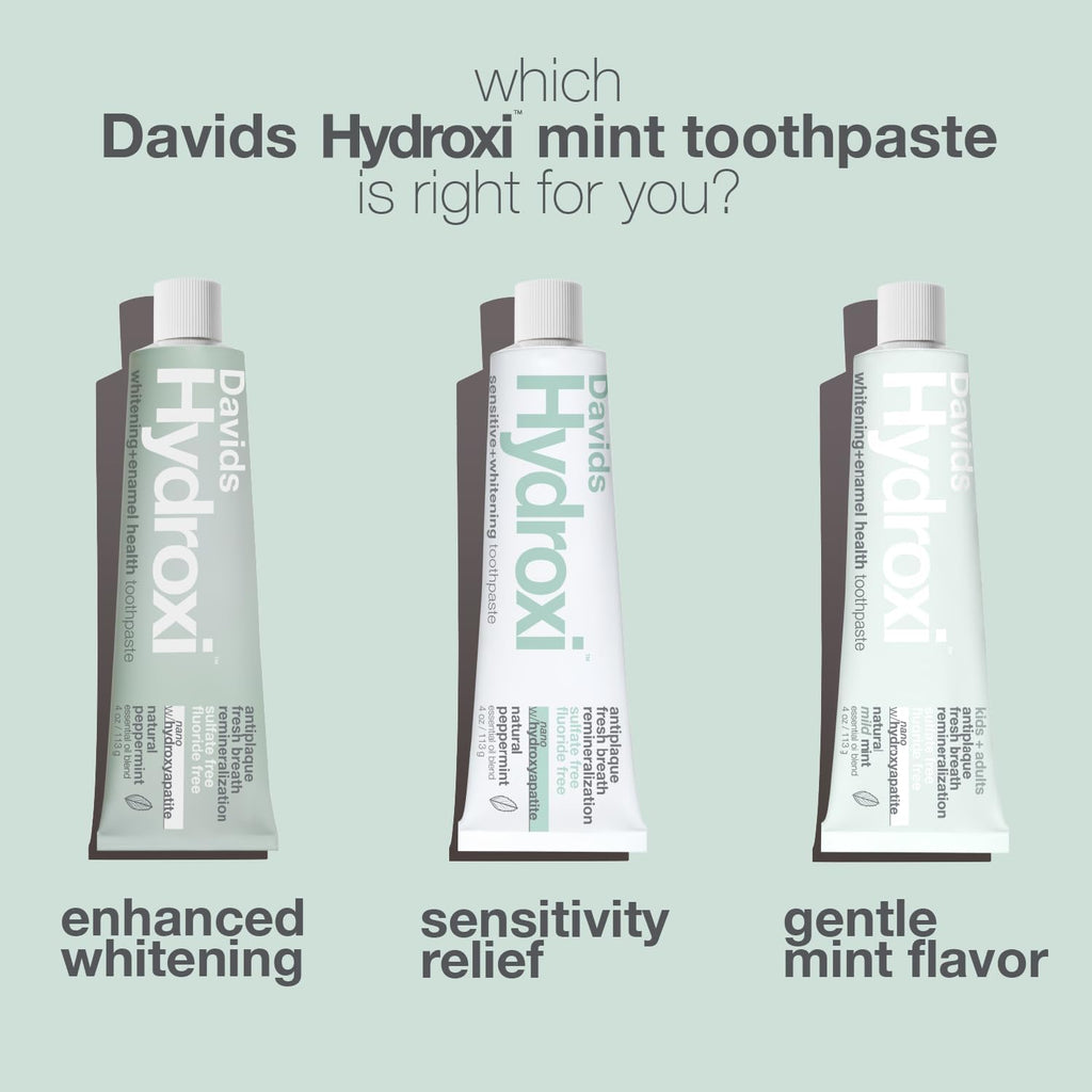 Davids Hydroxi Fluoride Free Nano Hydroxyapatite Toothpaste for Remineralizing Enamel & Sensitive Relief, Whitening, Antiplaque, SLS Free, Natural Peppermint, 5.25oz, Made in USA