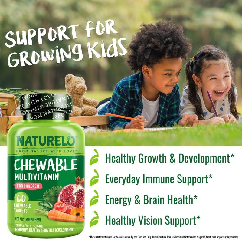 NATURELO Chewable Vitamin for Kids – Multivitamin with Whole Food Organic Fruit Blend - 60 Tablets for Children (Pack of 2)